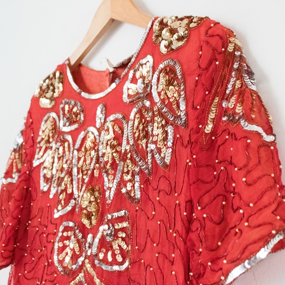 Star & Style | Vintage 80’s/90’s Red Short Sequin & Bead Trophy Dress | Size M - Picture 4 of 11